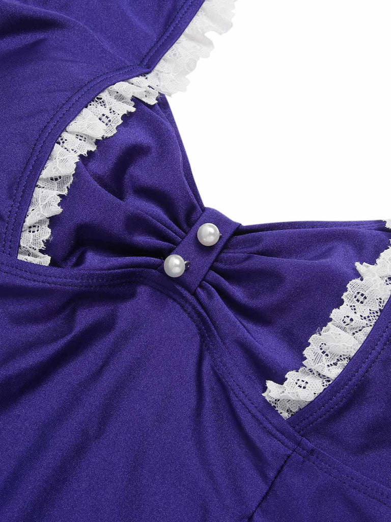 [Vorverkauf] Dunkelblau 1940er Spitze Patchwork Badeanzug