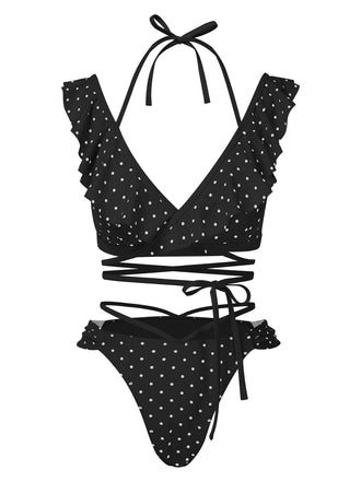 1970er Polka Dot Schnürung Rüschen Bikini Set