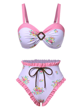 Rosa 1950er Rüschen Hem Blumen Bikini Set