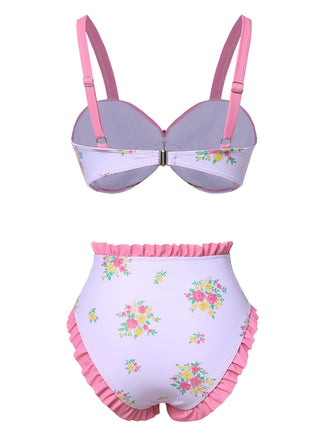 Rosa 1950er Rüschen Hem Blumen Bikini Set