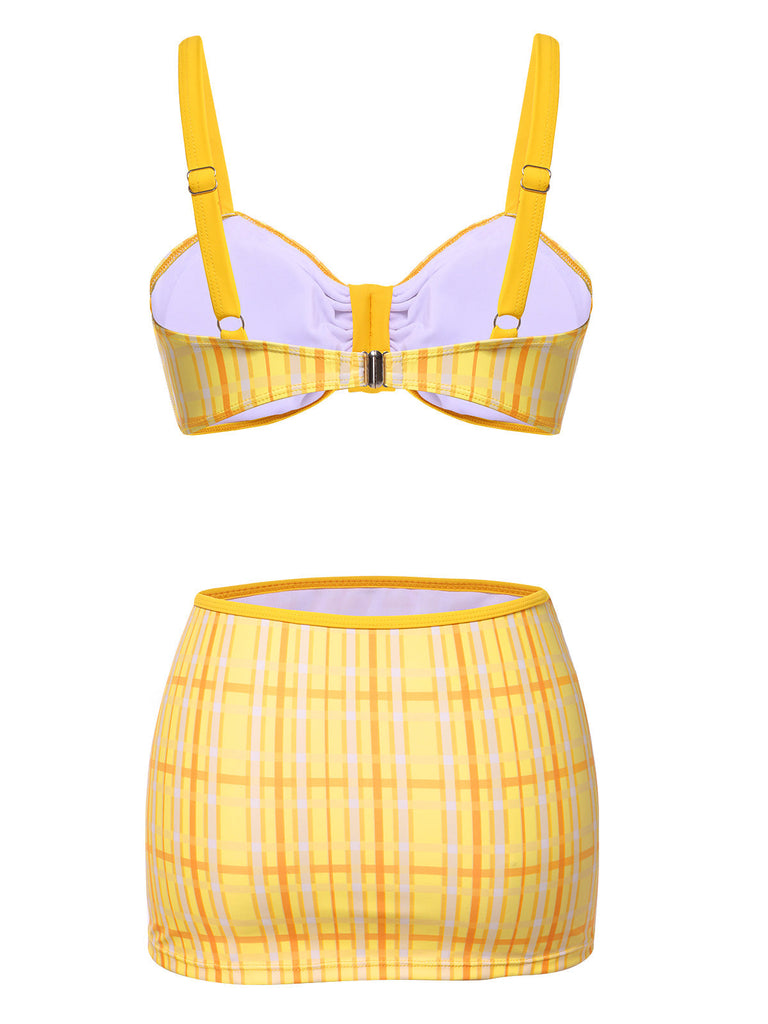 3PCS Gelb 1950er Plaid Bikini Set