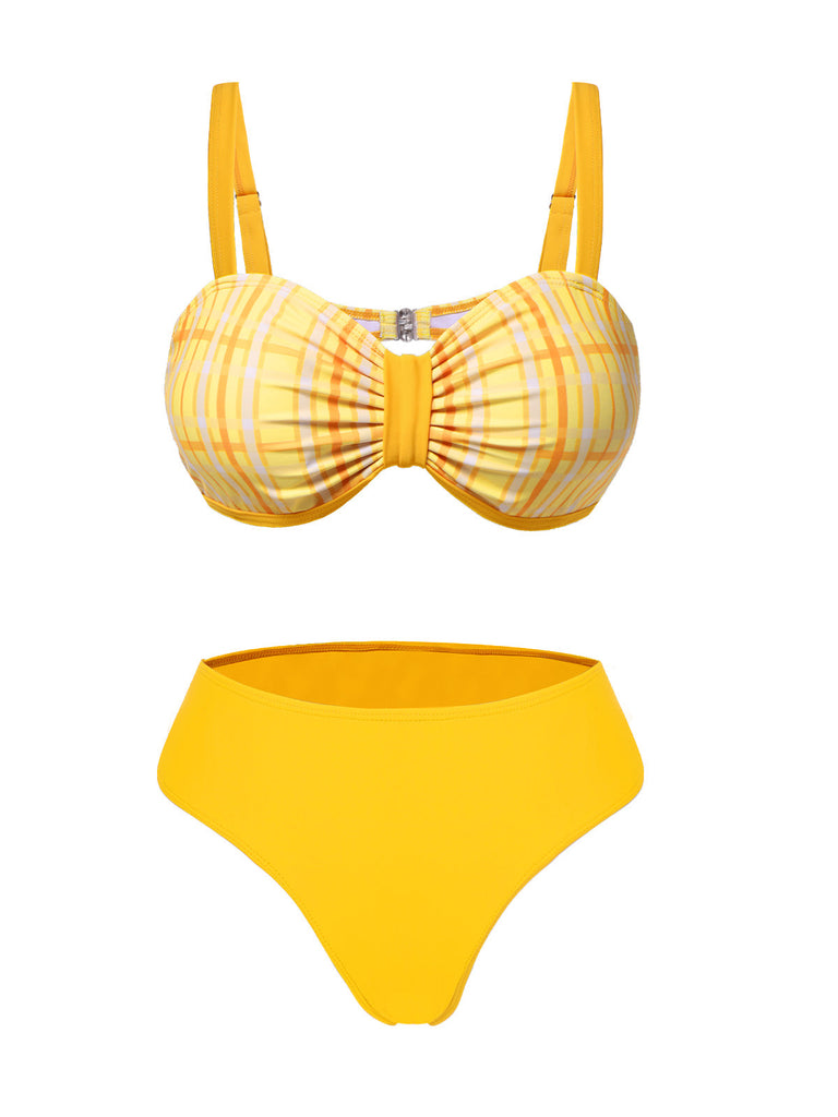 3PCS Gelb 1950er Plaid Bikini Set