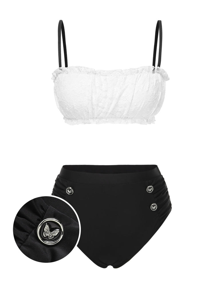 [Vorverkauf] Schwarz & Weiß 1930er Farbblock Spitze Bikini Set