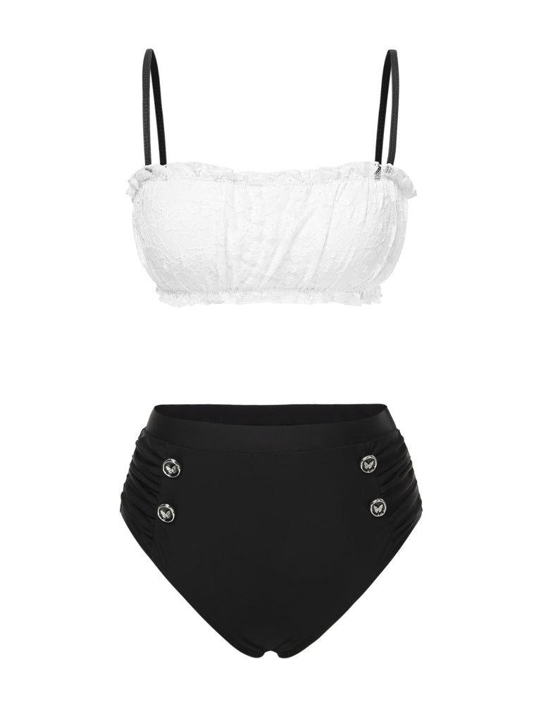 [Vorverkauf] Schwarz & Weiß 1930er Farbblock Spitze Bikini Set