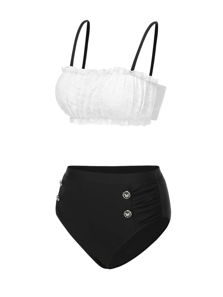 [Vorverkauf] Schwarz & Weiß 1930er Farbblock Spitze Bikini Set