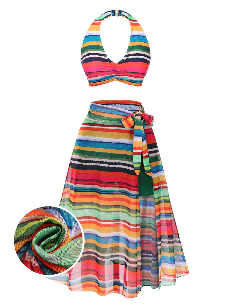 Multicolor 1970er Boho Streifen Badeanzug & Cover-Up