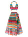 Multicolor 1970er Boho Streifen Badeanzug & Cover-Up