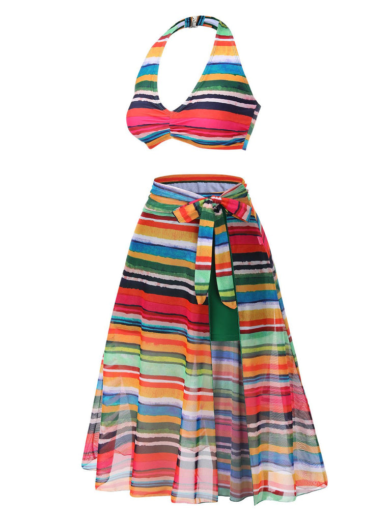 Multicolor 1970er Boho Streifen Badeanzug & Cover-Up