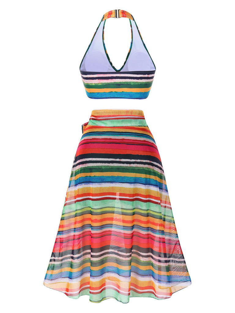Multicolor 1970er Boho Streifen Badeanzug & Cover-Up