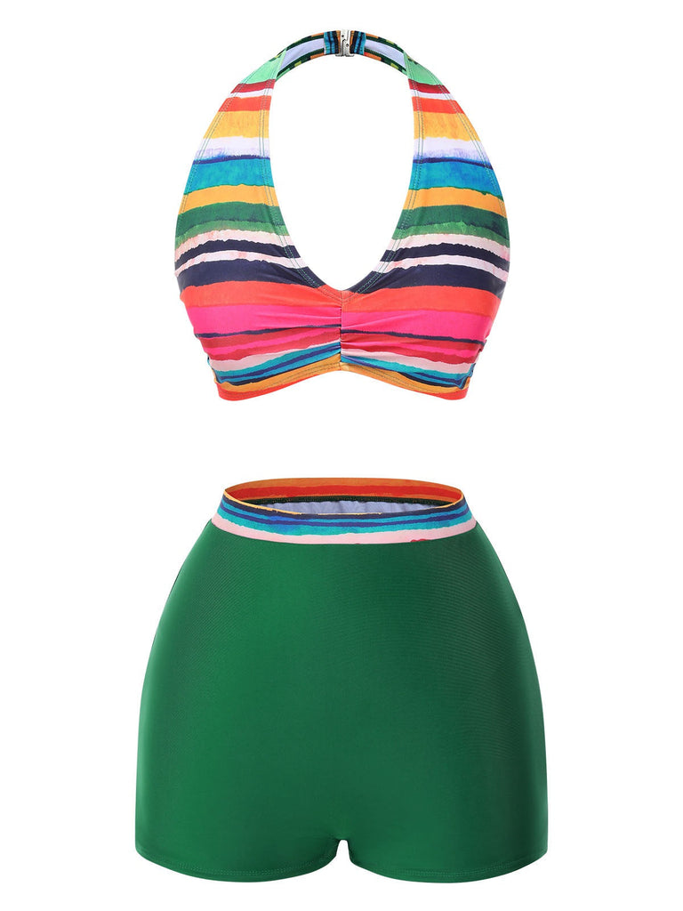 Multicolor 1970er Boho Streifen Badeanzug & Cover-Up