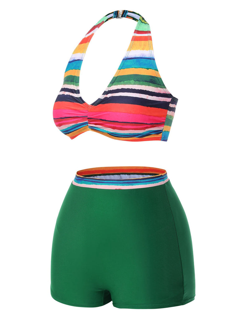 Multicolor 1970er Boho Streifen Badeanzug & Cover-Up