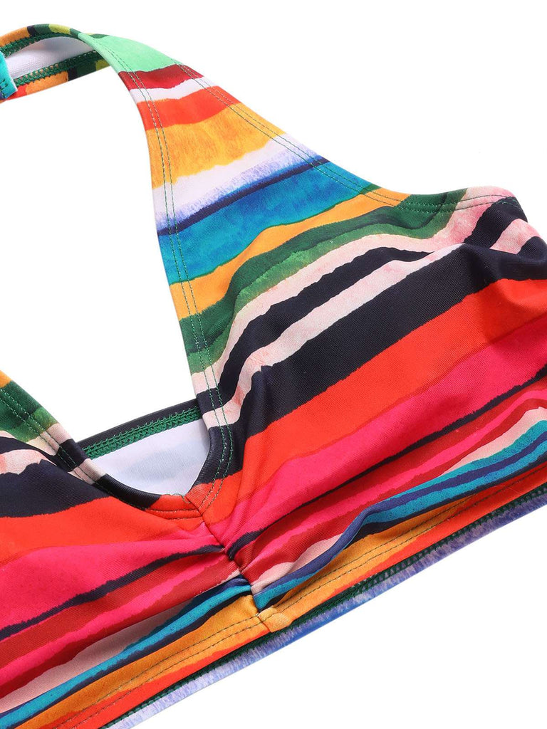 Multicolor 1970er Boho Streifen Badeanzug & Cover-Up