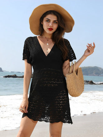 1960er Solide Tief V-Ausschnitt Häkeln Cover-Up