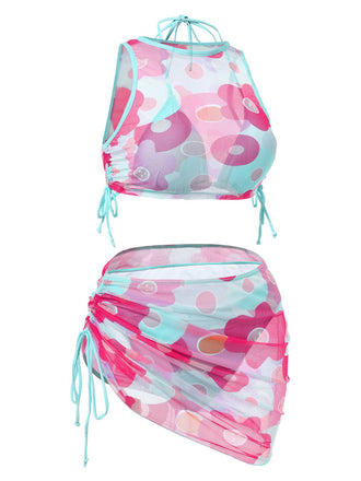 2PCS 1950er Blau Solide Badeanzug & Rosa Blumen Cover-Up