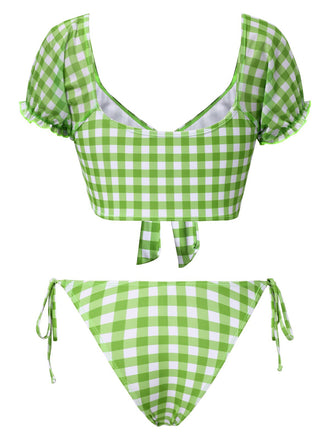 Grün 1960er Gingham Puffärmel Bikini Set