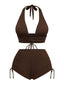 Braun 1950er Solide Tief V-Ausschnitt Halfter Bikini Set