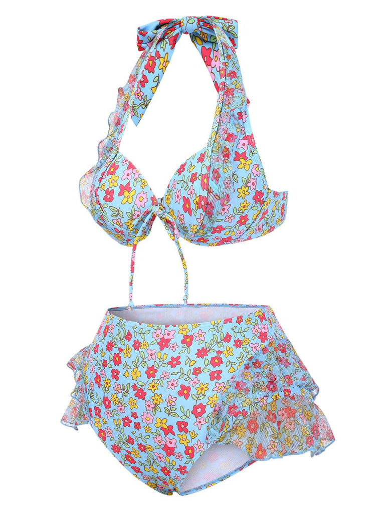 1950er Halter Blümchen Blumen Rüschen Bikini Set