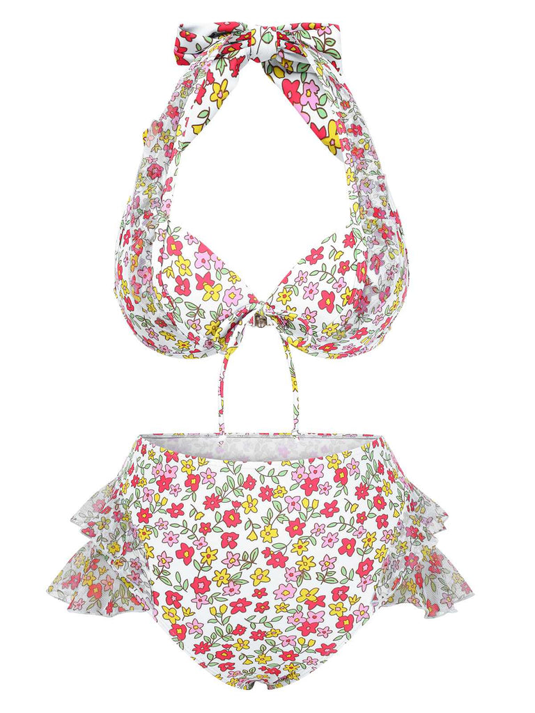 1950er Halter Blümchen Blumen Rüschen Bikini Set