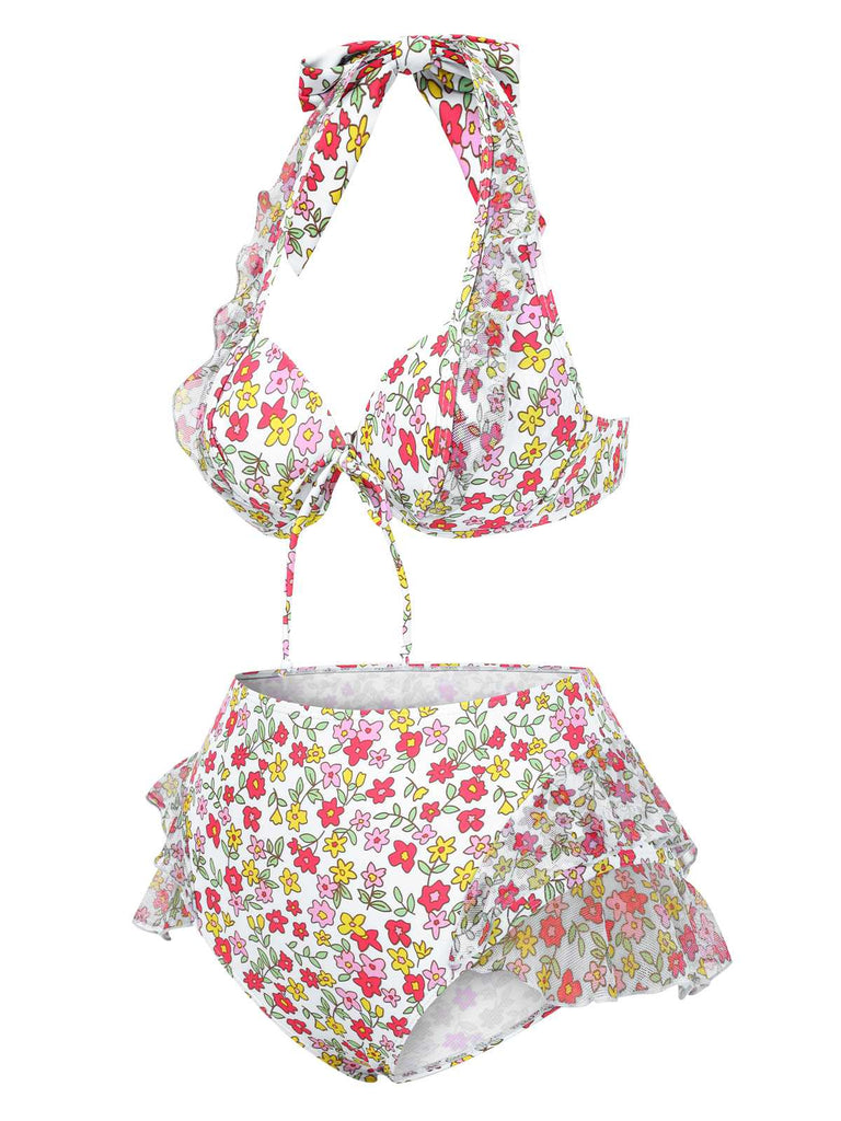 1950er Halter Blümchen Blumen Rüschen Bikini Set