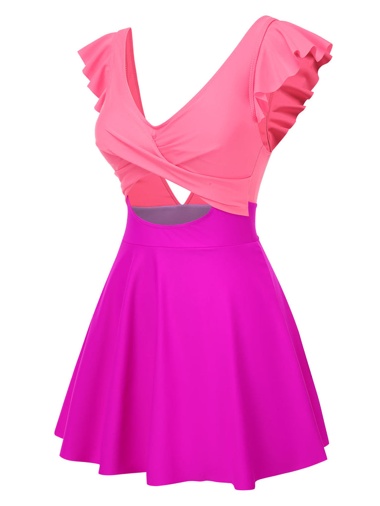 1930er Solide Rüschen Cut-Out Patchwork Swimdress