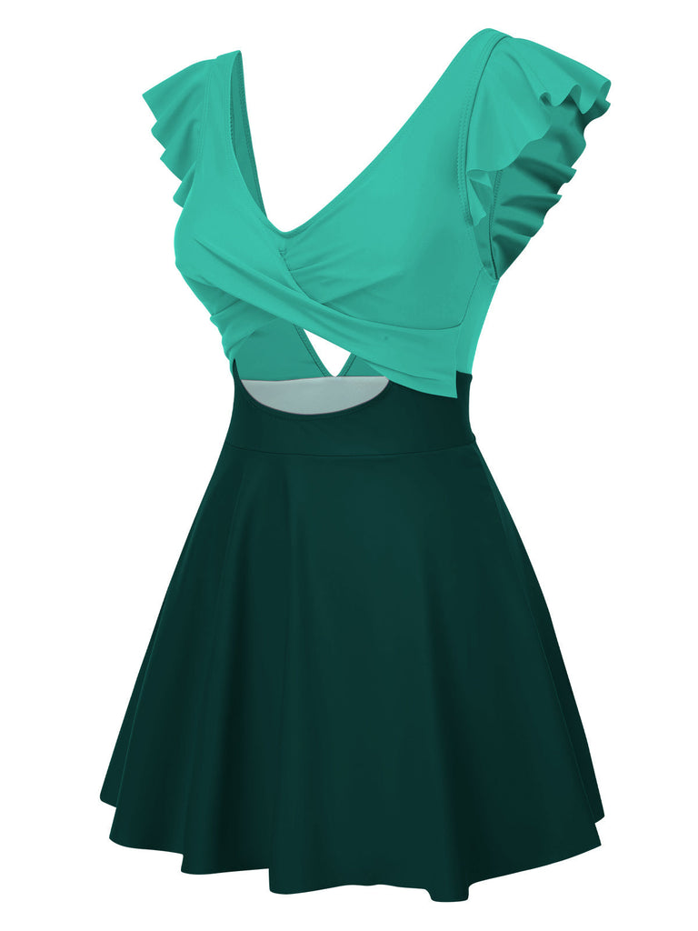 1930er Solide Rüschen Cut-Out Patchwork Swimdress