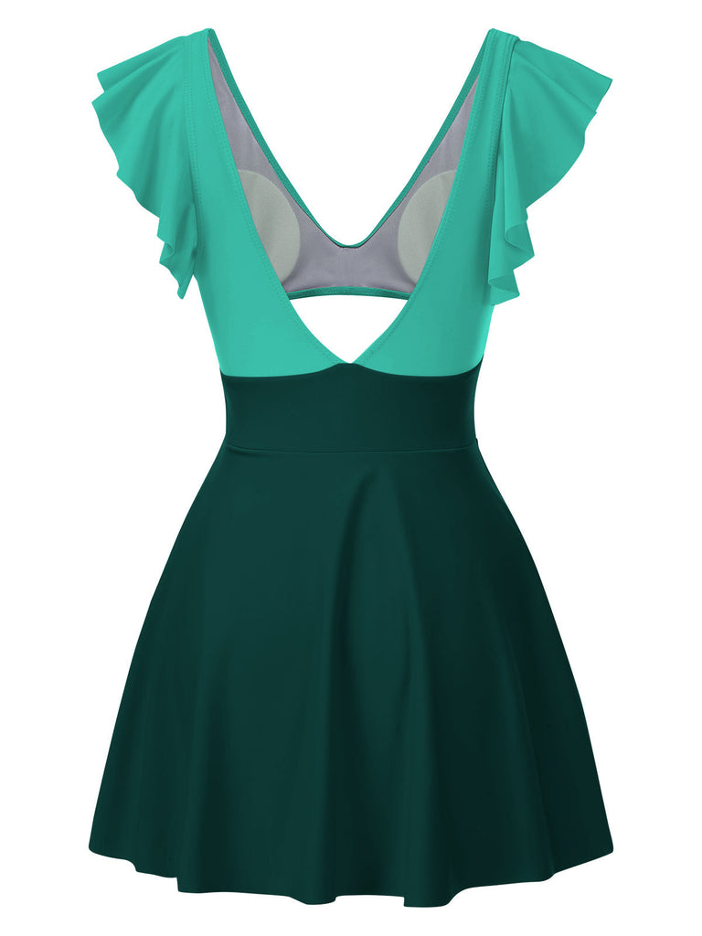 1930er Solide Rüschen Cut-Out Patchwork Swimdress