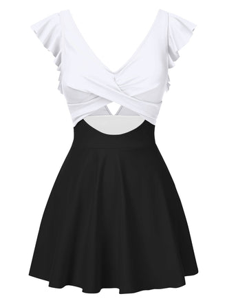 1930er Solide Rüschen Cut-Out Patchwork Swimdress