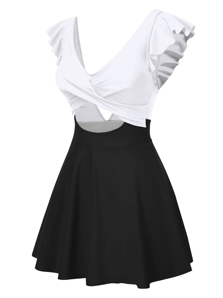 1930er Solide Rüschen Cut-Out Patchwork Swimdress