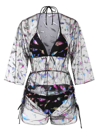 2PCS Schwarz 1940er Schnürung Feder Bikini Set & Cover-Up