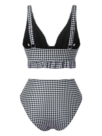 Schwarz 1950er Plaid Tief V-Ausschnitt Rüschen Bikini Set