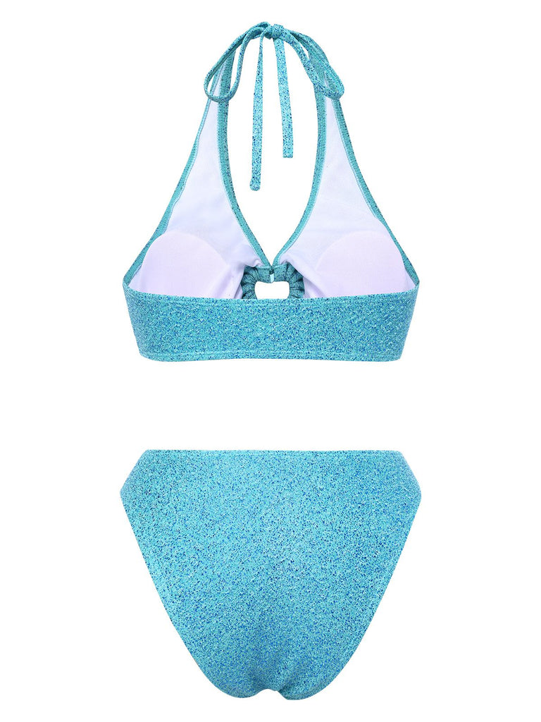 Blau 1970er Glitzer Herz Hohl Bikini Set