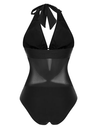 Schwarz 1960er Solide Tief V-Ausschnitt Durchsichtig Badeanzug