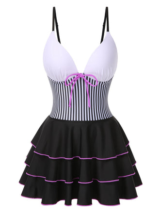 1940er Streifen Patchwork Mehrlagiger Saum Swim Kleid