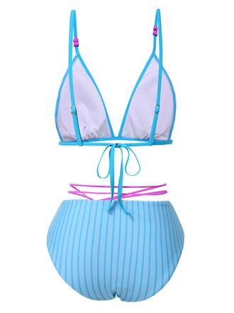 Himmelblau 1960er Streifen Schnürung Bogen Bikini Set