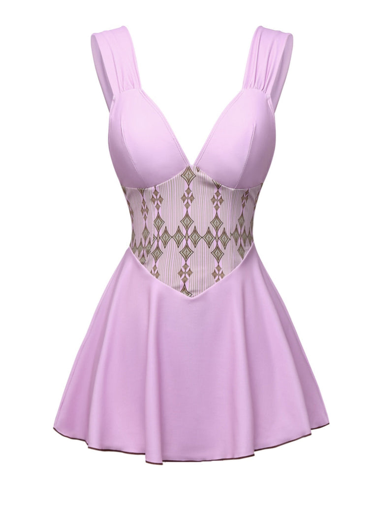 Rosaviolett 1940er Breite Träger Geometrisch Badekleid