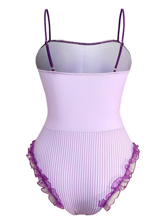 Lavendel 1950er Streifen Netz Rüschen Badeanzug