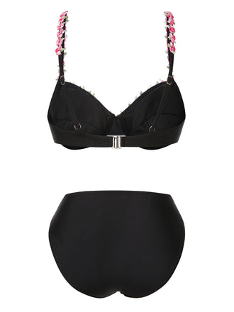 Schwarz 1950er 3D-Blumen Spaghetti Träger Bikini Set