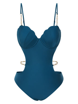 Blaugrün 1960er Muschel Spaghetti Träger Hohl Badeanzug