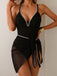 2PCS Schwarz 1960er Weiße Gezackte Kanten Badeanzug & Sheer Cover-Up