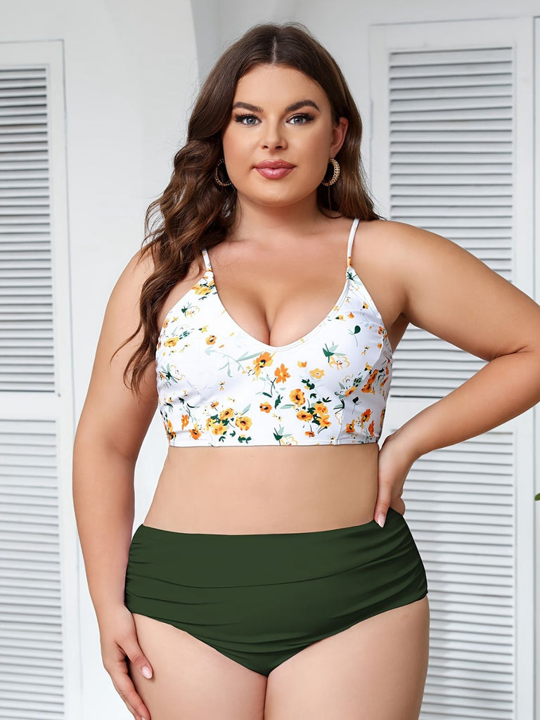 [Übergröße] Grün 1950er Schnürung Blumen Bikini Set
