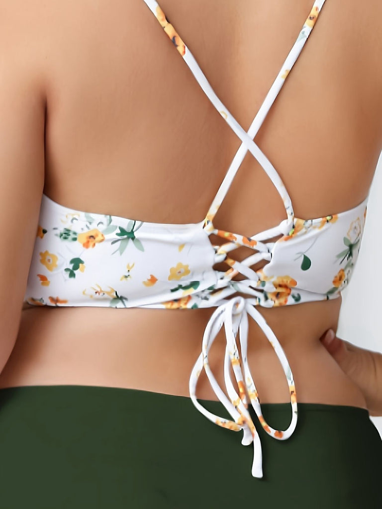 [Übergröße] Grün 1950er Schnürung Blumen Bikini Set