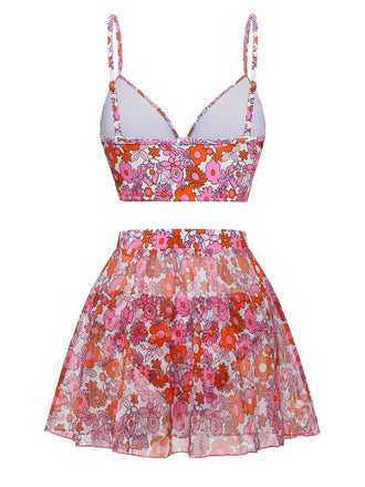 2PCS Multicolor 1950er Karikatur Blumen Bikini Set & Cover-Up