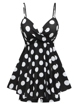 Schwarz 1950er Polka Dots Spaghetti Träger Badekleid