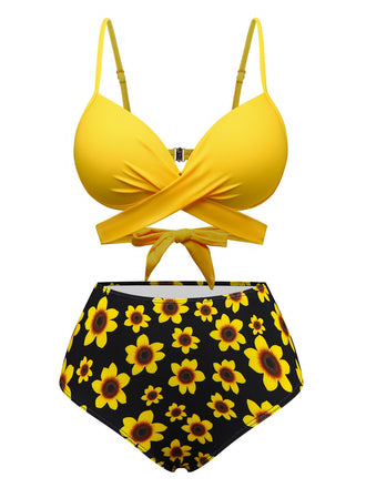 Gelb 1950er Sonnenblume Zurückbinden Bikini Set
