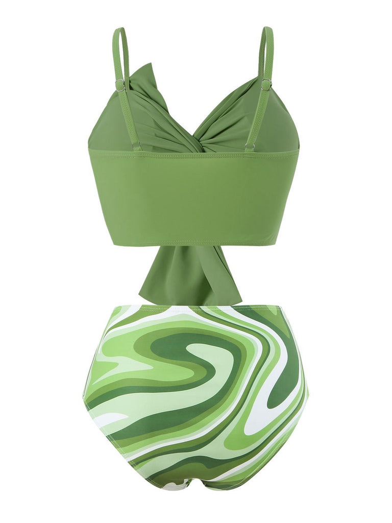 Grün 1960er Knotted Aquarell Träger Bikini Set