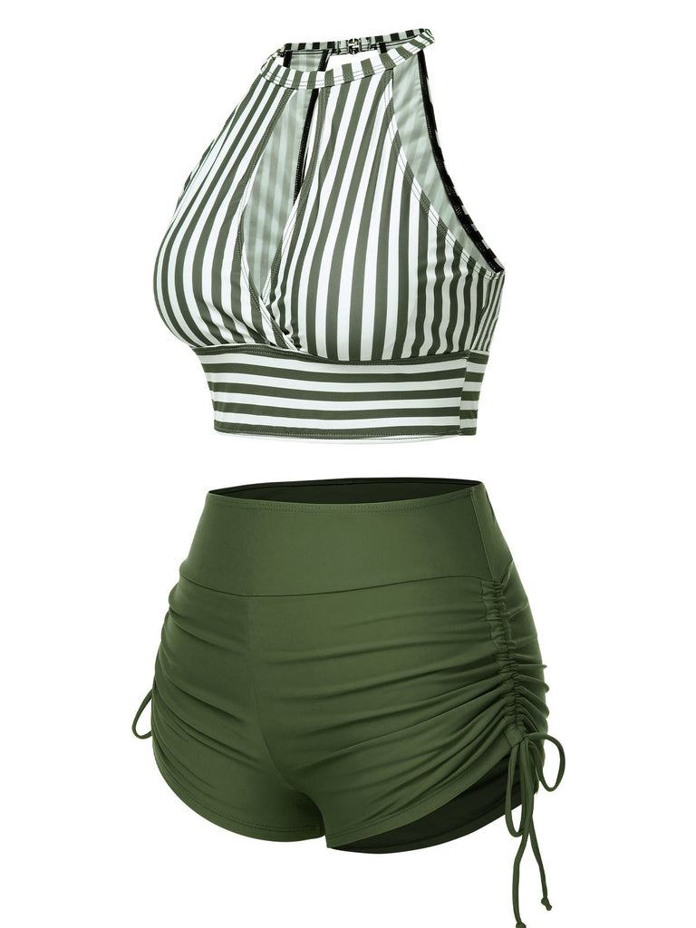 Armeegrün 1950er Rundhals Halter Hohl Streifen Badeanzug