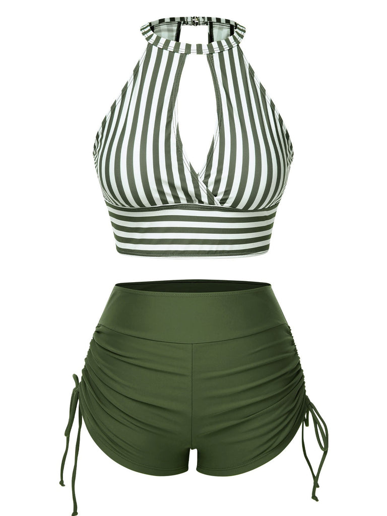 Armeegrün 1950er Rundhals Halter Hohl Streifen Badeanzug