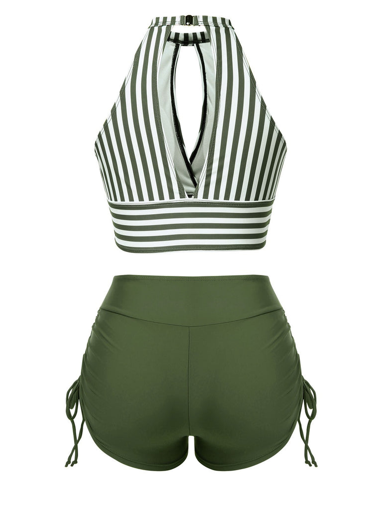 Armeegrün 1950er Rundhals Halter Hohl Streifen Badeanzug