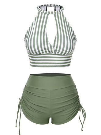 Grün 1950er Rundhals Halter Hohl Streifen Badeanzug