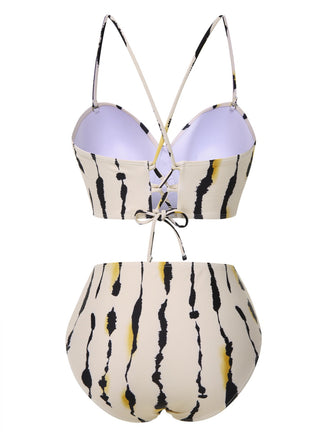 Beige 1950er Zurück Kreuz Träger Tinte Spritzer Bademode